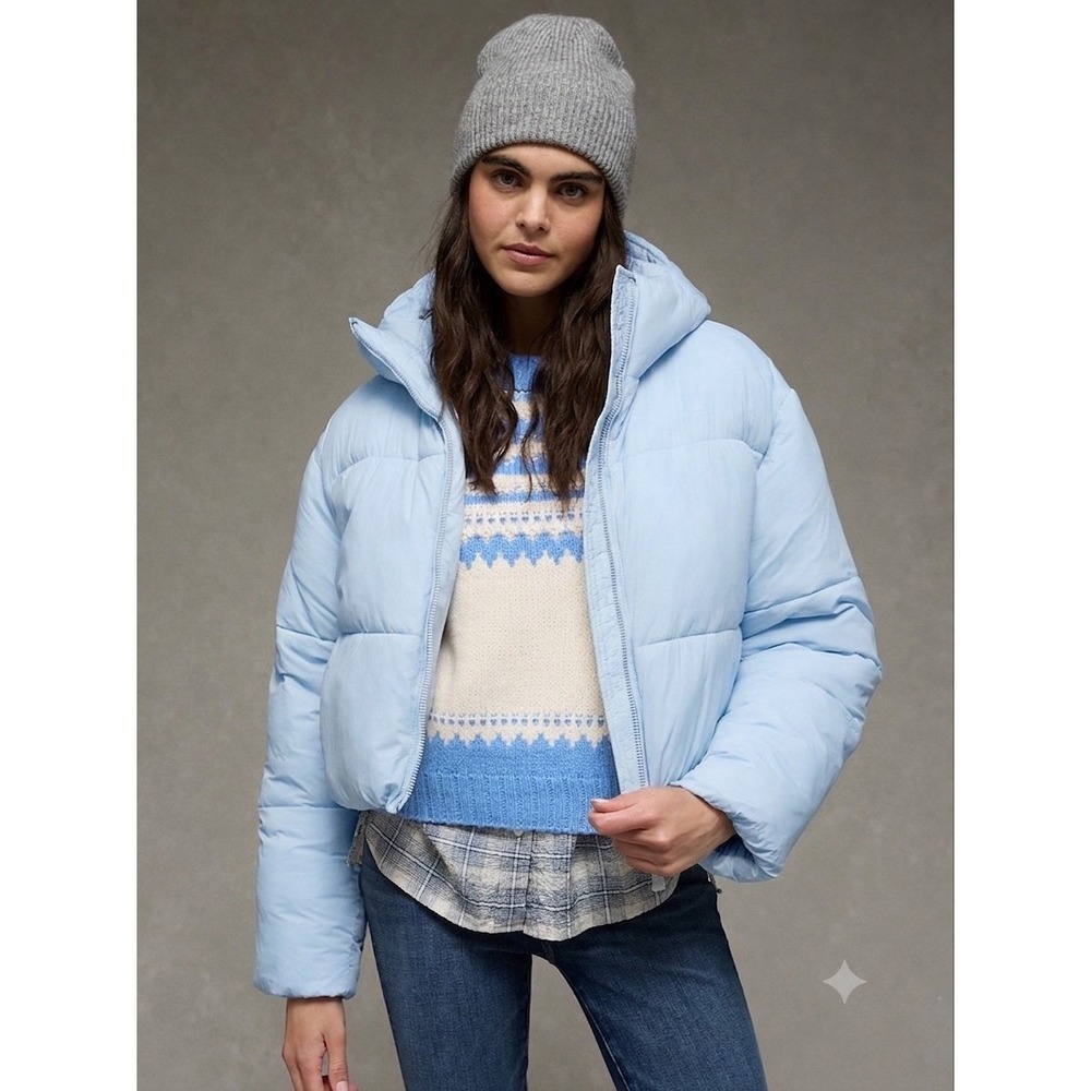American Eagle Light Blue Hooded Puffer Jacket Womens Medium Full Zip Quilted